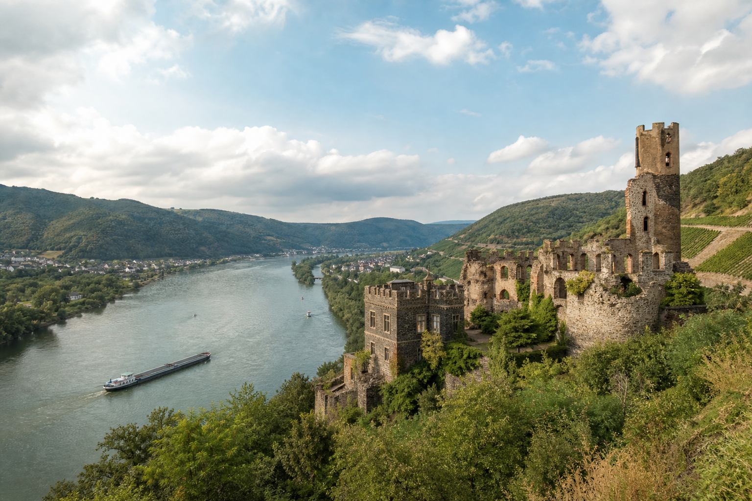 Rheintal mit Burg und Weinbergen